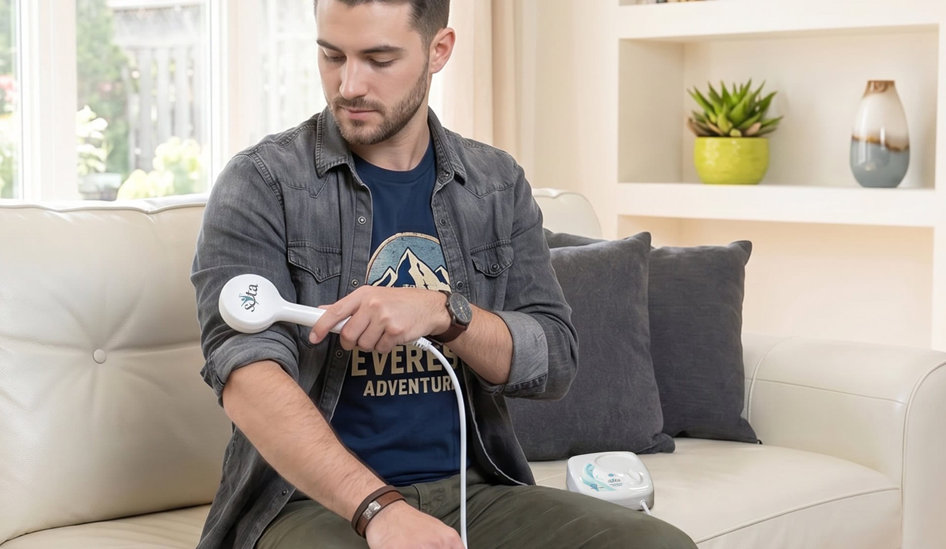 Using the Magnetic Pulser Hand Paddle while seated at home.