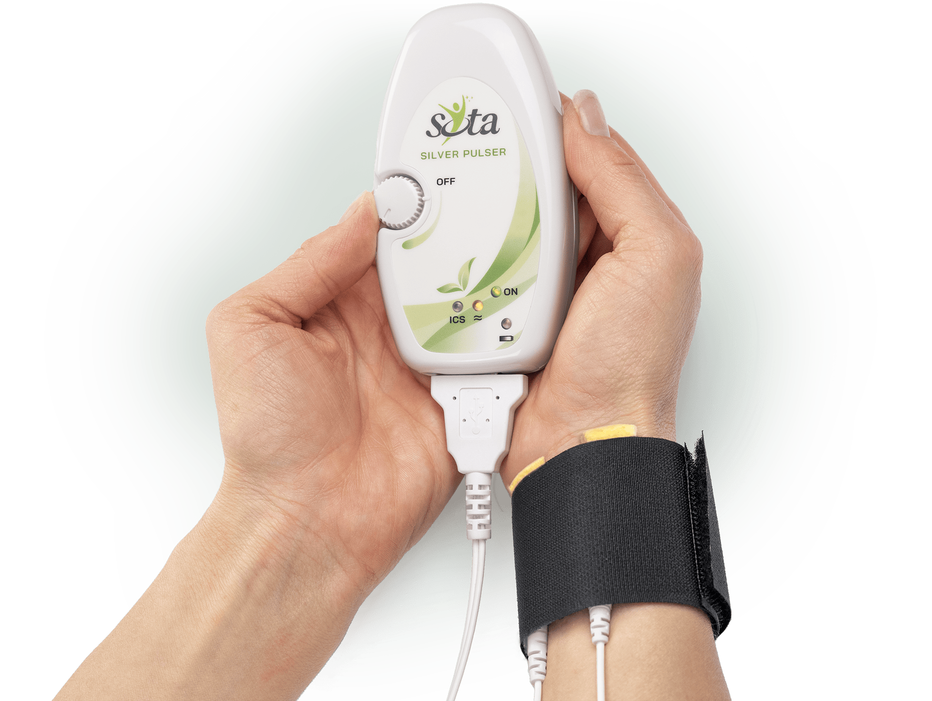 Hands holding the SOTA Silver Pulser unit against a wrist strap