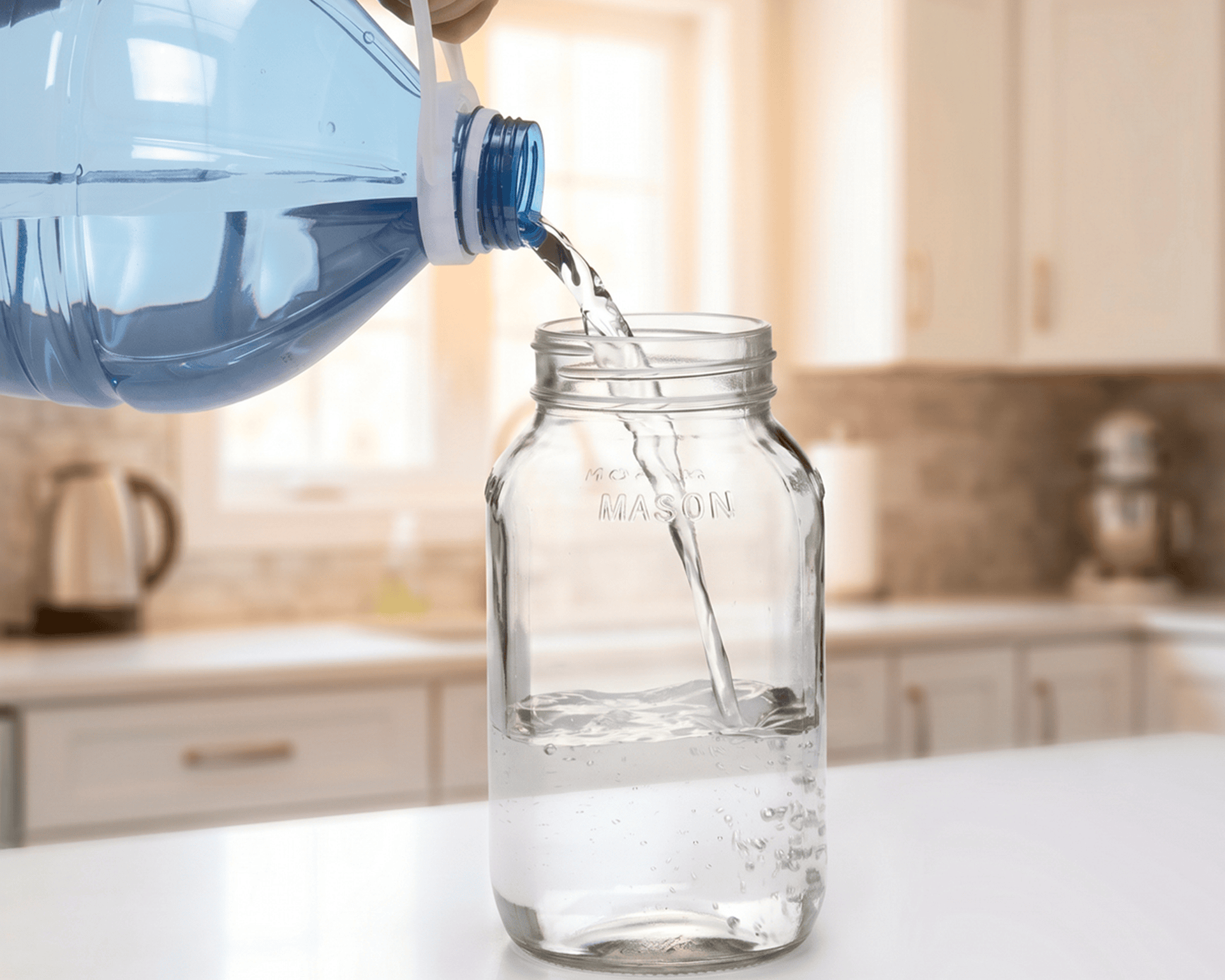 Pouring distilled water into a tall glass container